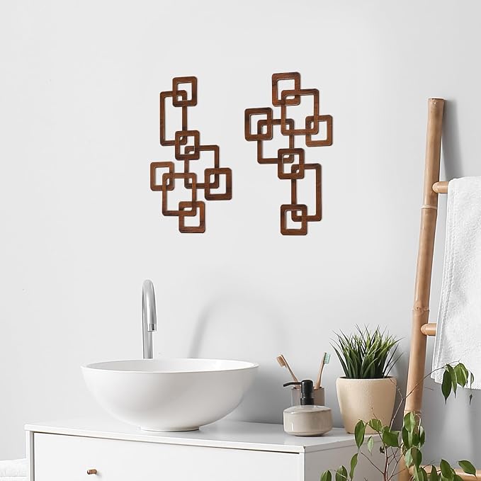 CroBlissful 2 Pcs Wooden Mid Century Modern Wall Decor 3D Mid Century Modern Elegance Wall Accents Vintage Abstract Geometric Panels Art for Home Room(Classic Style,Brown)