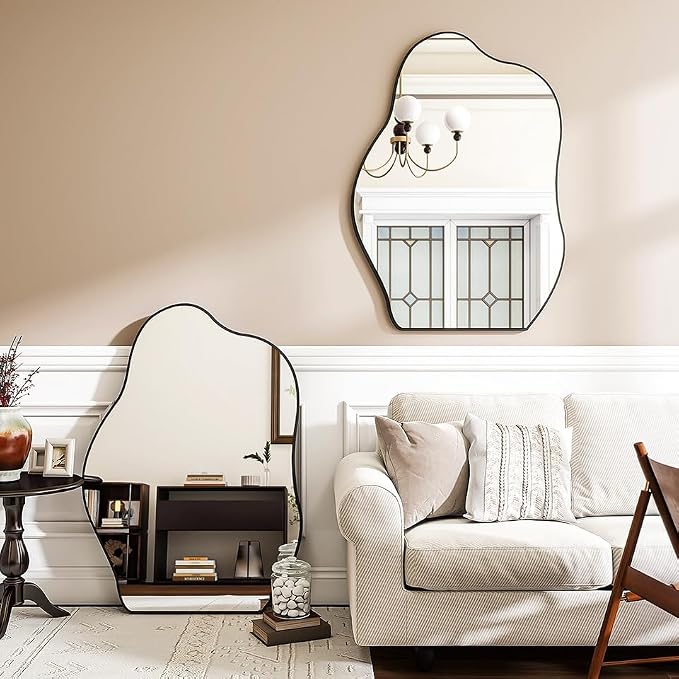 BEAUTYPEAK Asymmetrical Mirror, 20 x 28 Inches Irregular Wall Mirror, Wood Frame Unique Shape Wall Mounted, Decorative for Living Room Bedroom Entryway Hallway