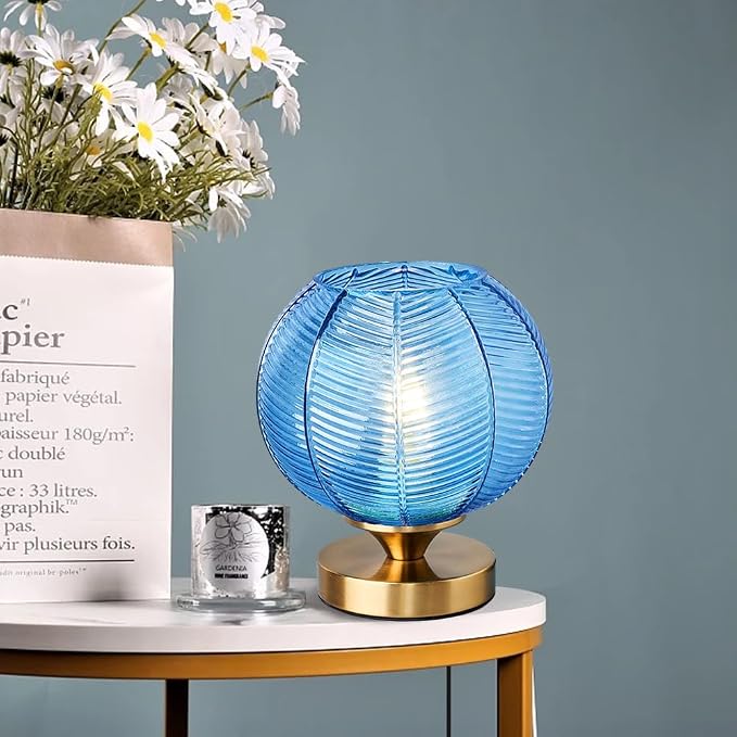 Mid-Century Modern Glass Table Lamp 3 Brightness Levels Dimmable Touch Control Desk Lights with Plug in Cord On/Off Switch, Globe Decor Nightstand Lamps for Bedroom Living Room Office (Blue)