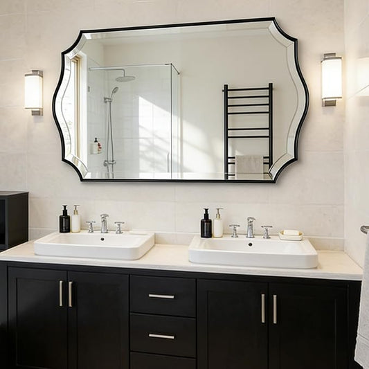 POZINO Rectangle Beveled Mirrors, 24"x40" Modern Vanity Mirror for Over Sink, Matte Black Scalloped Mirrors for Wall, Irregular Wavy Shaped Mirror for Bathroom Living Room Bedroom Fireplace Entryway