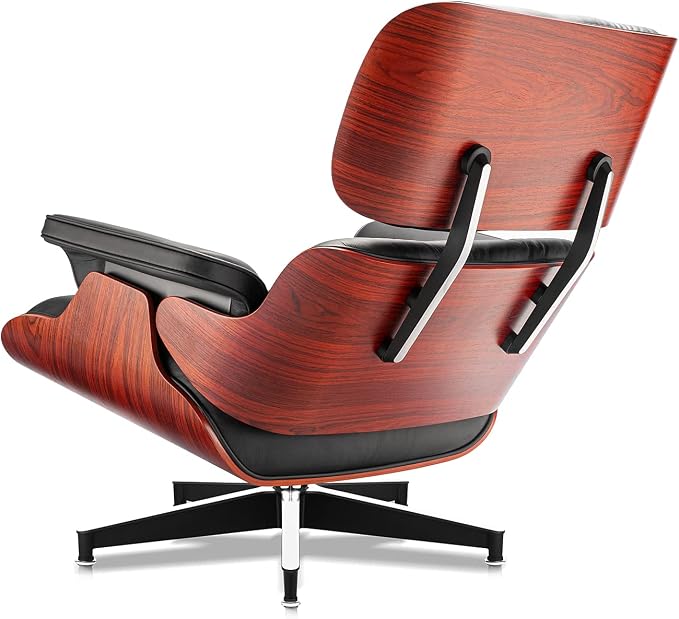 Top Black Grain Leather, Mid Century Chaise Lounge Chair and Ottoman, Modern Chair Classic Design, Red Rosewood, Heavy Duty Base Support for Living Room Office