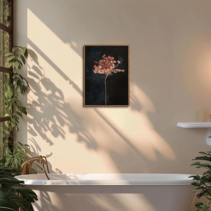 WALLZK Vintage Framed Wall Art Moody Botanical Wall Decor Dark Dried Flower Minimalist Canvas Prints Pictures Rustic Retro Artwork for Walls Living Room Bedroom Bathroom 12"x16"
