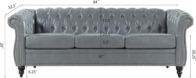 LEVNARY Chesterfield Sofa, Classic Tufted Upholstered Leather Couch, Modern 3 Seater Couch Furniture with Tufted Back for Living Room Office (Gray)