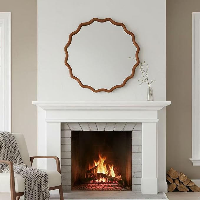 24 Inch Wooden Wavy Round Wall Mirror, Modern Solid Wood Frame Circle Decorative Accent Mirror for Bedroom, Bathroom, Living Room, Entryway, Yellowish Brown