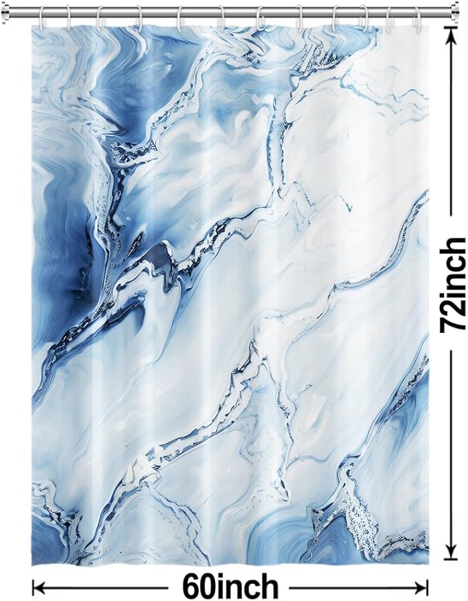 Blue Shower Curtain, Ombre Blue Marble Shower Curtain for Bathroom Modern Aesthetic Waterproof Shower Curtain Set with Hooks, 60x72 Inch