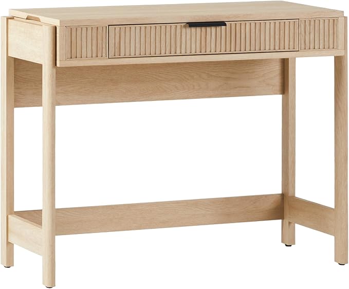 Walker Edison Transitional Style Furniture, Reeded Detail, Lift-Top Desk with Drawer and Storage Cubby, Sitting to Standing Desk, Soft Self-Close Desktop, 38 Inch, Coastal Oak
