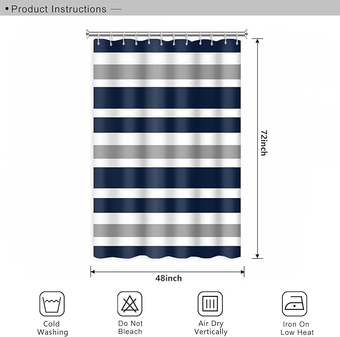 Stripes Fabric Bathroom Shower Curtain - Dark Blue Grey Modern Minimalist with Hooks - Polyester Waterproof Abstract Art Decor, 48x72 Inch