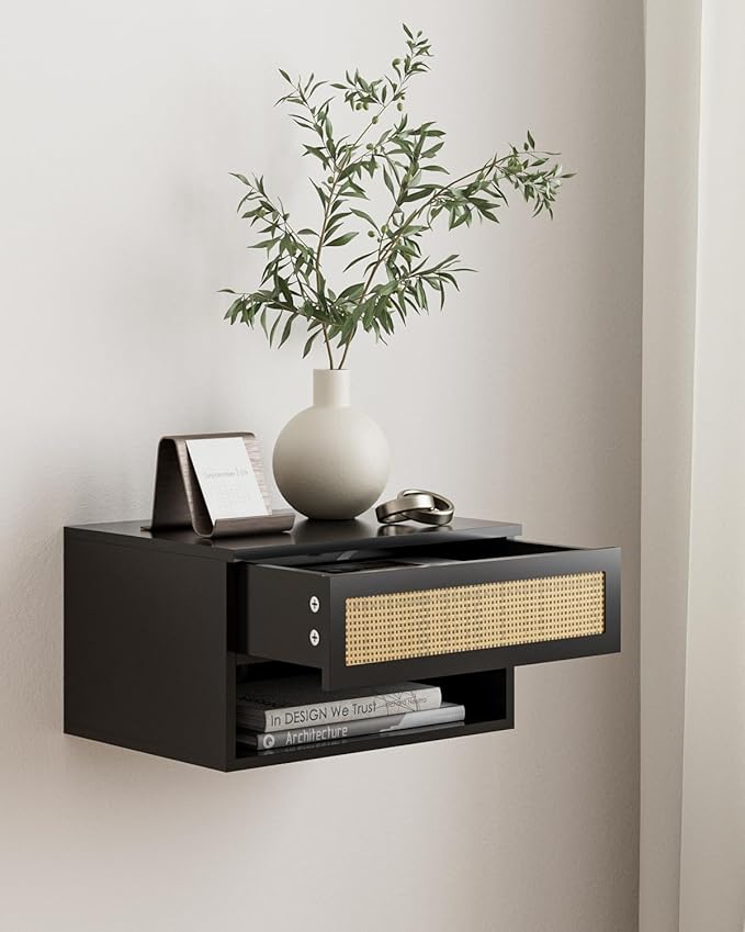 Floating Nightstand With Drawer - Small Modern Shelves for Bedroom, Bathroom (Black Rattan)