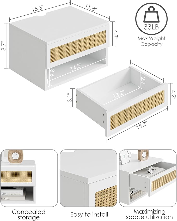 Small Modern Nightstand with Drawer, Floating Shelves for Bedroom, Bathroom (White Rattan)