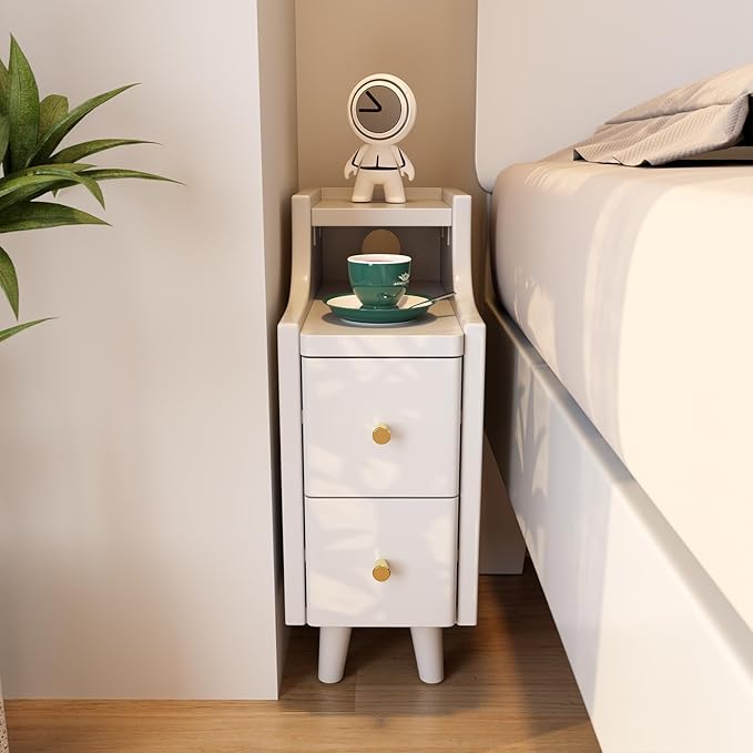 Narrow Nightstand with 2 Drawers,White Nightstand,Bedside Table,Solid Wood Modern Bedside Table for Bedroom,Study,Toilet