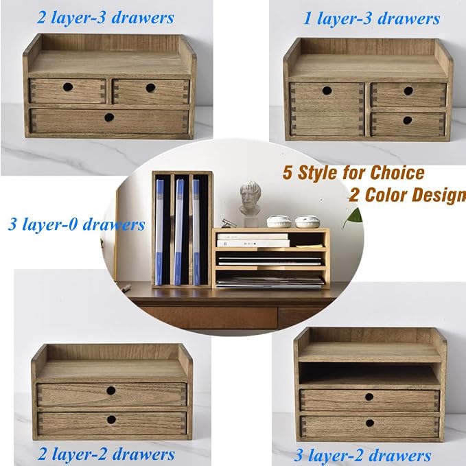 KIRIGEN Desk Organizer with Drawers - Wood Drawer Storage Box with Trays for Tabletop - Workspace Office Toiletries Supplies Tool Caddy - Wooden Storage Cabinet Dark Brown（DT2D3C-DBR）