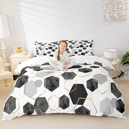Erosebridal Black and Grey Duvet Cover for Bedroom - Marbling Geometric Art Kids Bedding, Minimalist Abstract Golden Striped Bed Sets for Home Decor, Queen 3 Pieces (No Comforter)