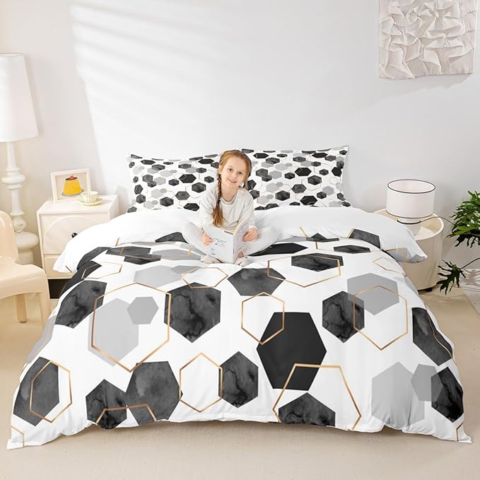 Erosebridal Black and Grey Duvet Cover for Bedroom - Marbling Geometric Art Kids Bedding, Minimalist Abstract Golden Striped Bed Sets for Home Decor, Twin 2 Pieces (No Comforter)