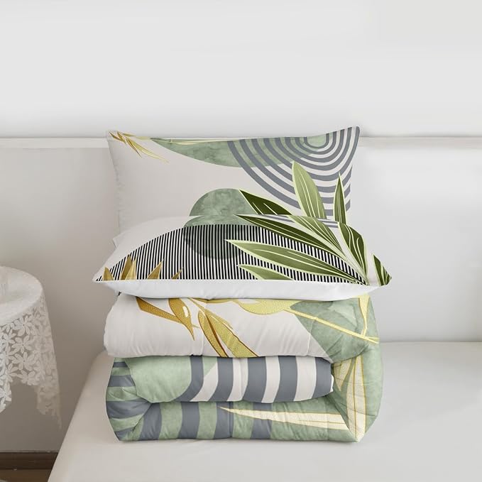 Erosebridal Mid Century Boho Bedding Set Queen Size Modern Geometric Comforter Set,Minimalist Bedding Comforter Sets Abstract Retro Sun Aesthetic Arch Curve Leaves Quilt,Green Gold