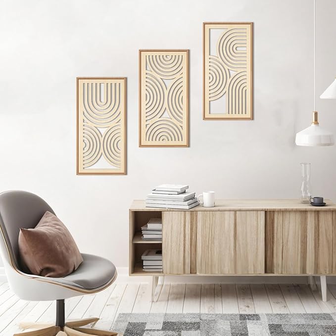 IARTTOP Boho Wooden Framed Wall Art Set of 3 Mid-century Modern Wood Wall Decor Minimalist Natural Bohemian Home Decor for Living Room Dining room Office