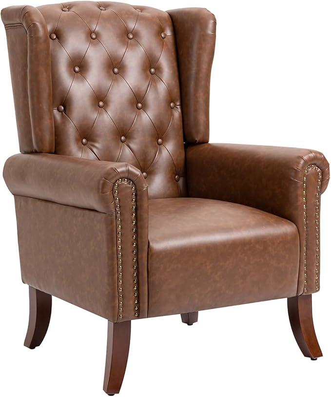 MOJAY Mid-Century PU Leather Accent Chair, Living Room Lounge Sofa Chair with Buttons, Single Club Armchair with Rivet Trim for Bedroom Home Reception (Brown)