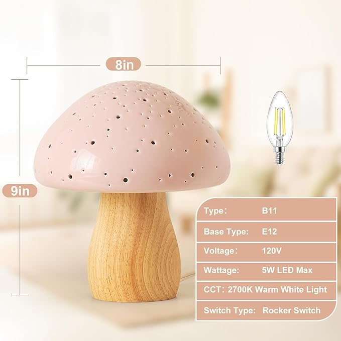BOHON Mushroom Lamp, Ceramic Bedside Table Lamp for Bedroom Nightstand, Vintage Cute Night Light, Small Lamp for Living Room Kids Desk Home Decor Girls, LED Bulb Included, Pink