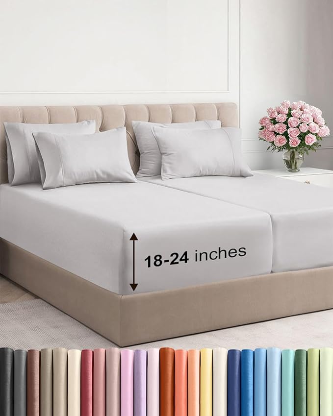 Extra Deep Split King Sheet Set - 7 Piece Breathable and Cooling Sheets - Hotel Luxury Bedding for Women, Men, Kids & Teens - Easy Secure Fit - Soft & Wrinkle Free - Extra Deep Pockets - French Grey