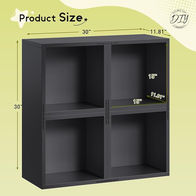 Homkdom 4 Cube Storage Organizer, DIY Book Shelf with Open Shelves, Stackable Cube Bookcase with Anti-Tip Design, Bedroom, Office, Dorm, Black
