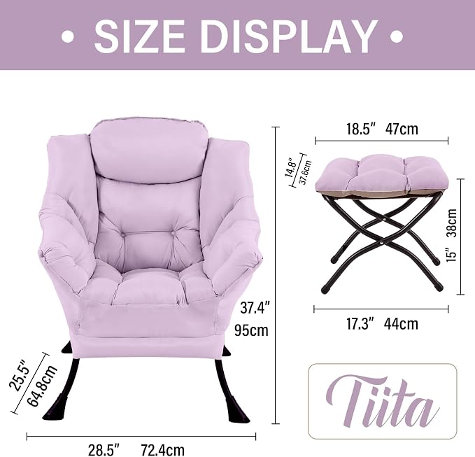 Tiita Lazy Chair with Ottoman, Purple Modern Large Accent Chair, Comfy Leisure Sofa Armchair with Ottoman, Reading Chair with Footrest for Bedroom, Living Room, Dorm Rooms, Purple