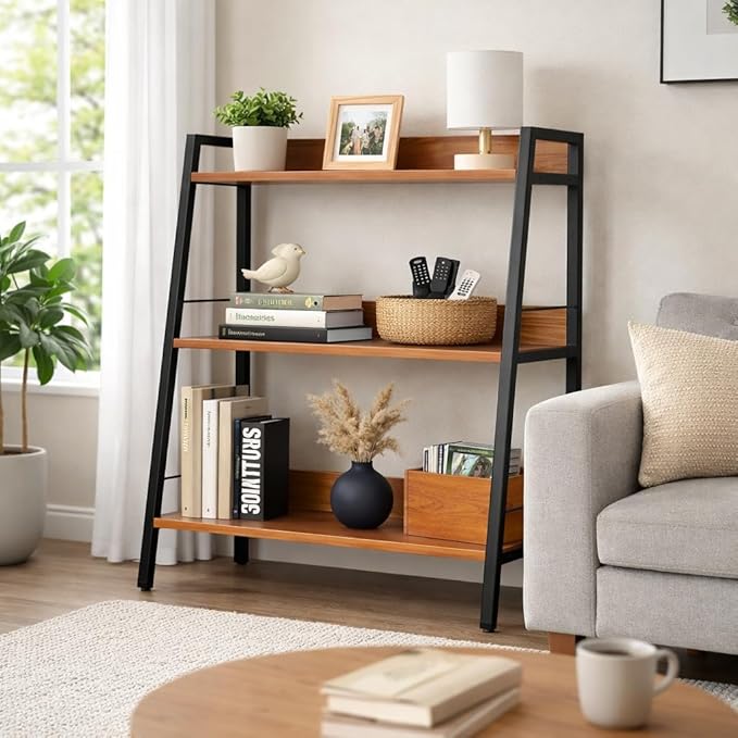 Ladder Shelf, 3 Tier Bookshelf, Small Bookshelf for Small Spaces, Wood and Metal Bookcase, Ladder Bookshelf, Modern Storage Shelf for Living Room and Office (Black, Ladder)