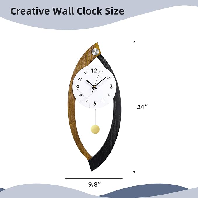 23.6 x 9.8inch Decorative Wall Clocks with Pendulum, Large Modern Solid Wood Frame Unique Clock for Wall Decor Living Room,Kitchen,Home,Bathroom,Bedroom - Battery Operated, Silent, Non-Ticking
