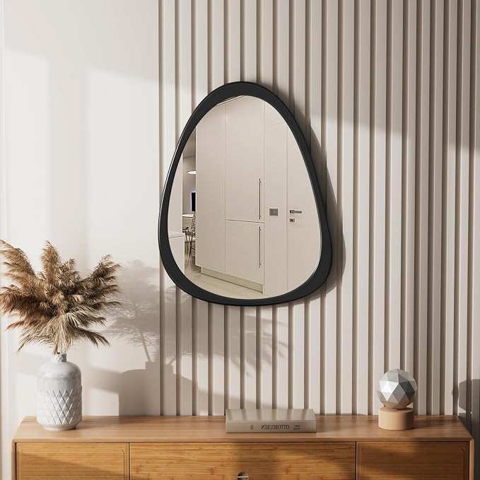 22.5" x 17.5" Irregular Wall Mirror, Black Wooden Framed Mirror, Asymmetrical Wall Mirror for Living Room Bedroom Bathroom Entryway, Small Modern Decorative Hanging Hook Style Mirror