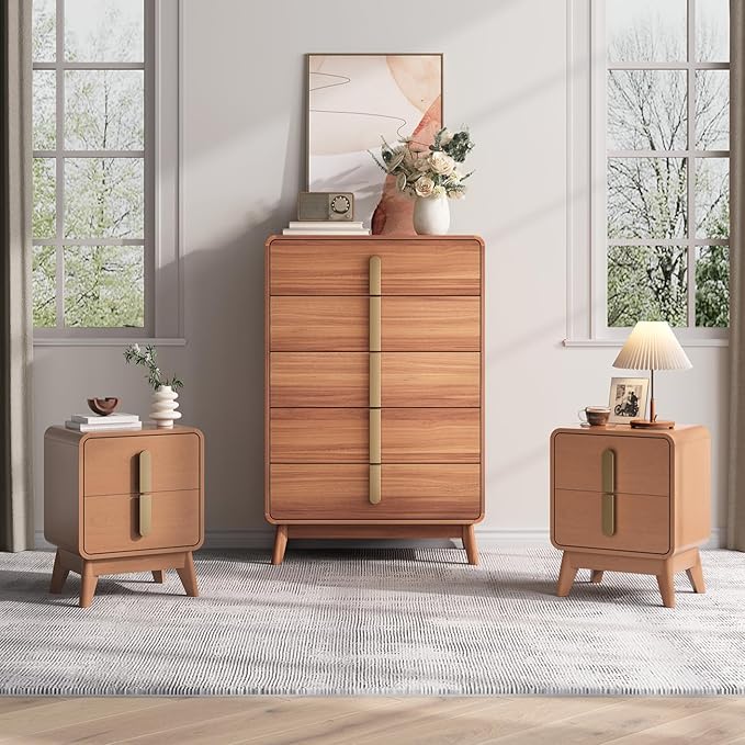 Mid Century Modern Bedroom Sets, 5 Drawer Dresser and Nightstand Sets for Bedroom, Night Stand Set 2 & 5 Drawer Dresser with Gold Handles, Wood Chest of Drawers Storage Cabinet Set, Cherry
