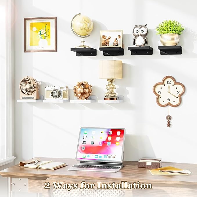 SRIWATANA Small Floating Shelves Wall Mounted, Wood Shelf for Decoration and Storage Set of 4, Mini Display Shelf for Bedroom, Bathroom, Kitchen, Office (Black, 5 inch)