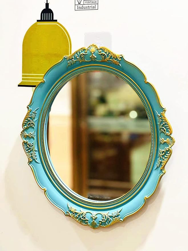 Mirror Tray, Oval Vintage Decorative Wall Mirror, Jewelry Dresser Organizer Cosmetics Storage Tray, Hanging Mirror(15”x 13.4”) (Blue - Oval)