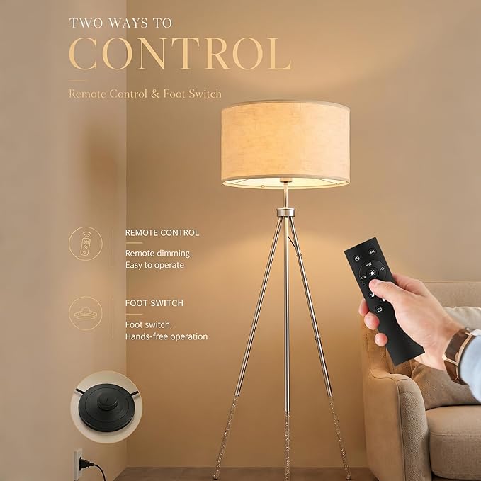 JOOFO Modern Metal Tripod Floor Lamp with Remote Control Tall Standing Decorative Corner Lamp with Oversized Linen Fabric Shade, Foot Switch for Living Room Bedroom Reading Nook Decor, Satin Nickel