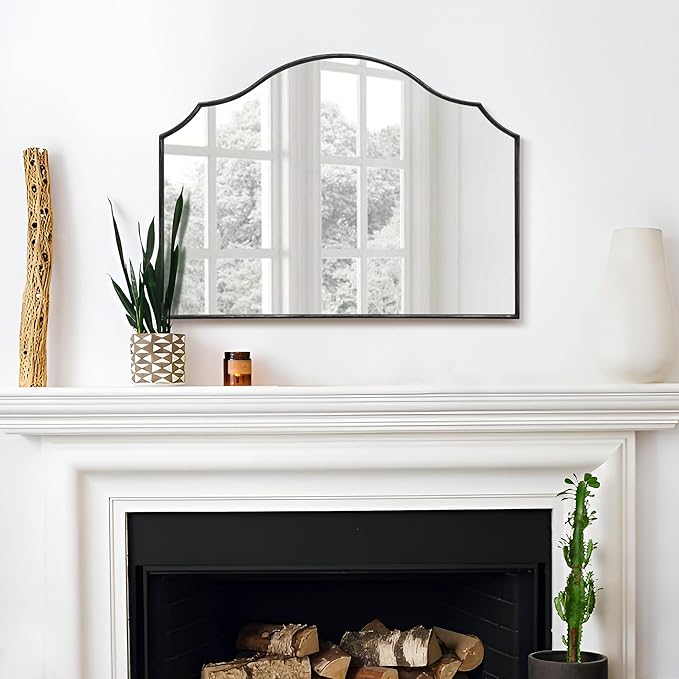 Besdomus Scalloped Arched Mirror for Vanity: 32"x24" Black Modern Minimalist Wooden Wall Mirror - Decorative Dresser Wall for Mantel/Bedroom/Entryway/Hallway - Ideal for 30-60 Age Fashion Women