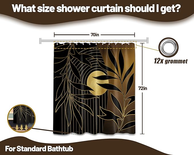 Black and Gold Boho Shower Curtain, Mid Century Modern Shower Curtains for Bathroom, Mens Bath Curtain Set, Waterproof Fabric with Hooks, 70" W x 72" L (Pack of 1)
