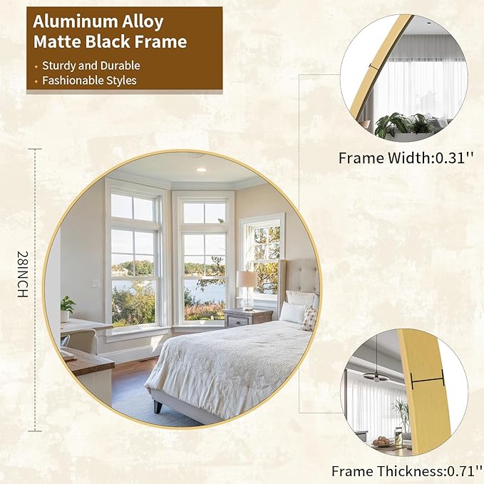 Round Mirror Wall Mounted Mirror - 28" Circle Mirror Bathroom Vanity Mirror with Aluminum Frame for Bedroom Living Room, Entryway Decor Gold Mirror
