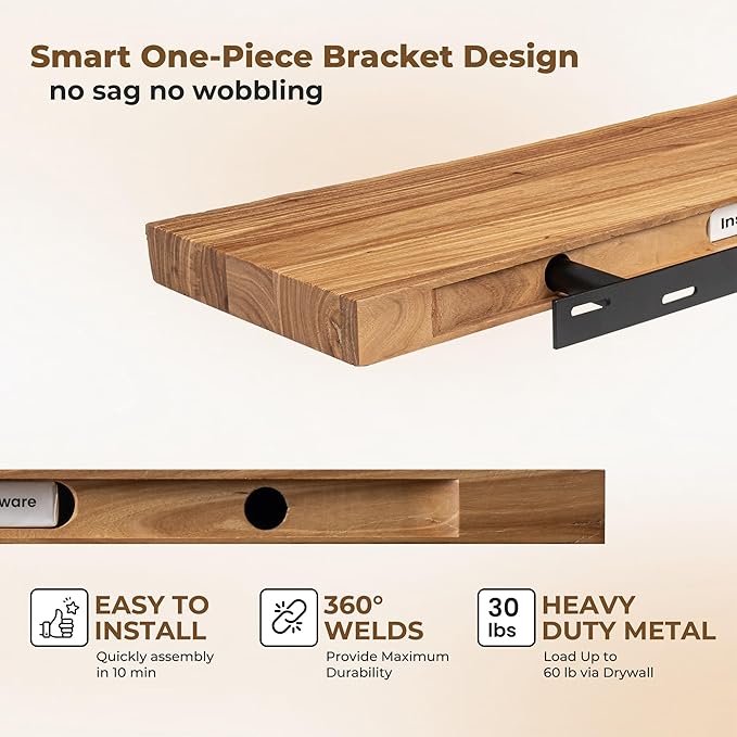 Axeman 55 inch Floating Shelves for Wall - 8'' D Live Edge Rustic Solid Elm Wood Floating Shelves Wall Mounted, Hanging Shelves with Invisible Bracket for Living Room Bedroom Kitchen, Natural