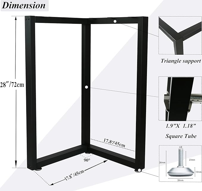 Metal Table Legs Bench Legs, Heavy Duty Square Tube Desk Legs Furniture Legs for Coffee/Dining/Side Table (L Shape, 28"X 17.7")
