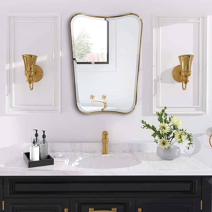 POZINO Bathroom Vanity Mirror, 22"x30" Brushed Gold Beveled Mirror in Premium Stainless Steel Frame, Antique Brass Irregular Shaped Mirrors for Living Room Bathroom Bedroom Hallway Entryway