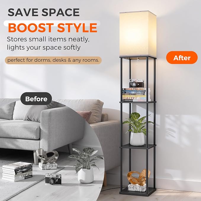 FOLKSMATE 2-Pack Floor Lamp with Shelves, 3-Tier Modern Square Bookshelf Floor Lamp, 3 Color Temperature Bulb Included, Black Floor Lamps for Living Room Bedroom Corner