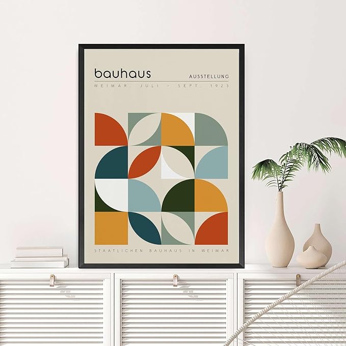 AnenaXean Canvas Art Poster Bauhaus Exhibition Poster Geometric Print Abstract Wall Art Mid Century Modern Beige Orange Sage Decor Modern Home and Bedroom Decoration 8x12inch metal frame