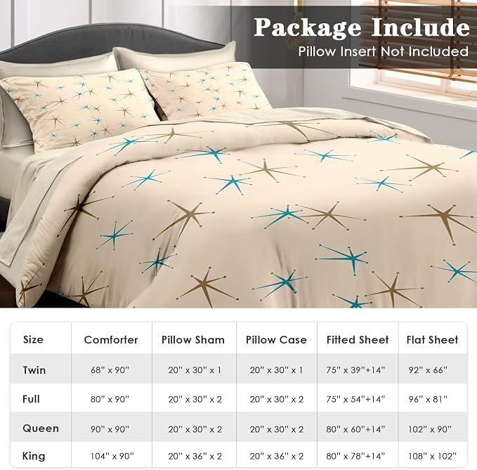 Pamnest Comforter Set Twin Size, Mid Century Vintage Atomic 5 Pcs Bedding for Kids and Adults, Retro Geometric Science Bed Sheet Sets with Fitted Sheet Pillowcase & Sham for Bedroom Bed Decor