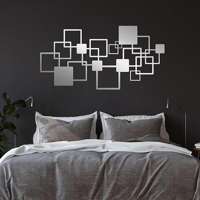 EANHIPE Square Metal Wall Decor, Geometric Metal Wall Art, Abstract Wall Decor, Minimalist Luxury Wall Art, Mid-Century Modern Wall Decoration for Living Room Bedroom (Silver, 59"x30"/150x77cm)
