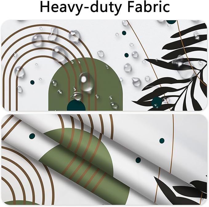 No Hook Boho Shower Curtain with Snap-in Liner, Mid Century Modern Abstract Botanical Design, Sage Green Geometric Leaves, Waterproof Double Layer Fabric with Mesh Window, 71 x 74 Inch