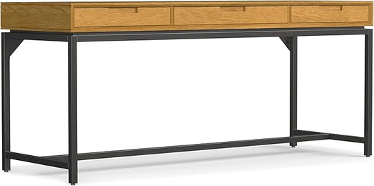 SIMPLIHOME Banting Desk - 72 Inch Wide Solid Oak Veneer and Metal Writing Desk in Oak, Modern Industrial Home Office Computer Table for Study with 2 Drawers and Flip-Down Keyboard Tray
