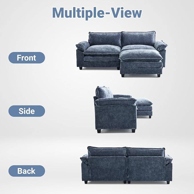 VINGLI 87" Cloud Sectional Sofa, Comfy L-Shaped Extra Deep Seat Sofa Couch for Living Room,Modern 2-Seat Convertible Loveseat Sofa with Ottoman for Small Space(Navy Blue)