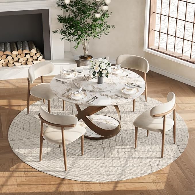 POVISON 51" Modern Round Dining Table with Lazy Susan, White Round Kitchen Table for 4, Sintered Stone Dining Room Table top with Bronze X Carbon Steel Base (Dining Table Only)