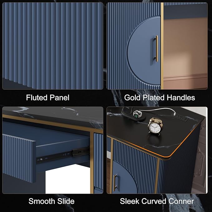 60" Fluted Writing Desk, Wooden Long Home Office Computer Desk with Drawer & Storage Cabinet, Modern Writing Table with Charging Station, High Executive Desk, Bedroom, Navy Blue, Set of 2
