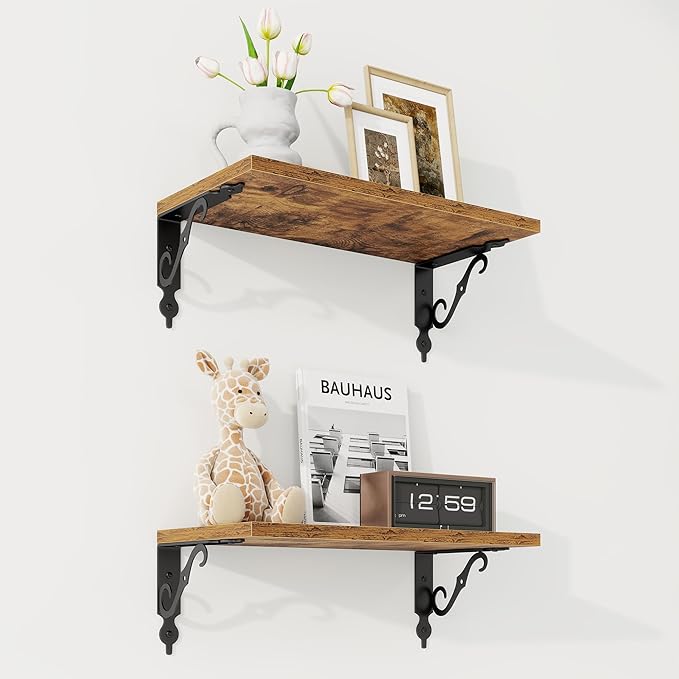 RICHFOCUS Floating Shelves for Wall Decor, 8 Inch Deep Floating Shelves Set of 2, 16W x 8D Shelves Wall Mounted with Metal Brackets, Wood Shelves for Living Room Bedroom Kitchen, Rustic Brown