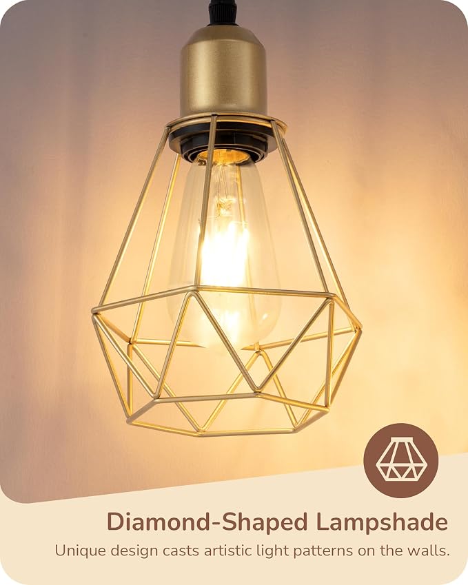 EDISHINE 70'' Dimmable Industrial Floor Lamp, Farmhouse Standing Lamps Diamond-Shaped Lampshade, 3 LED Edison Bulbs Included, Modern Rustic Floor Lamps for Living Room, Bedroom, Office, Gold