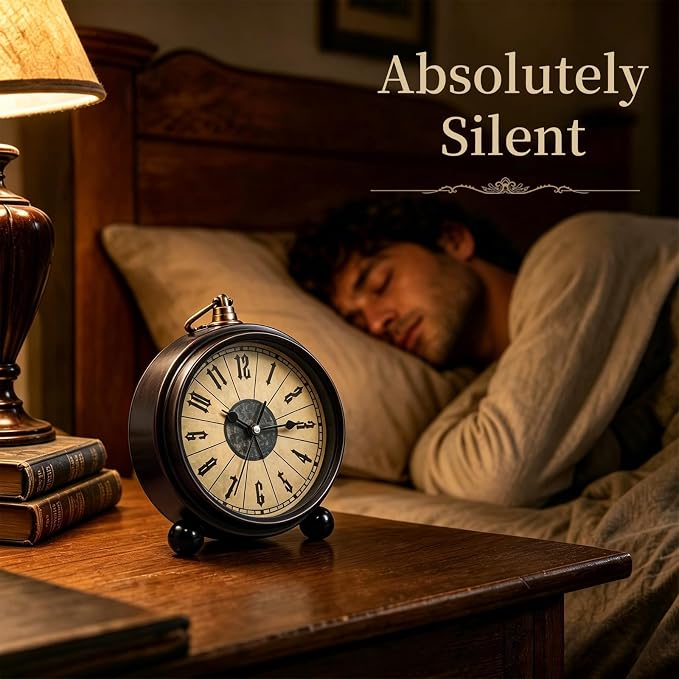 Metal Analog Alarm Clock - 5'' Battery Operated Silent Non-Ticking Quartz Antique Retro Small Desk Clocks for Bedside Bedrooms Living Room Office Home Decor (Black)