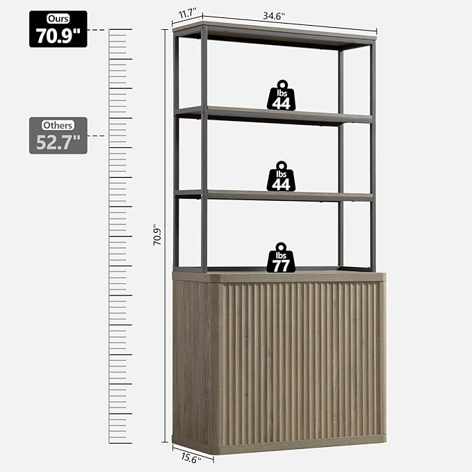 SICOTAS Book Shelf Fluted Bookshelf 71" Tall Bookcase with Doors Storage 5 Tier Mid Century Modern Bookshelves Large Shelves Metal Book Cases for Living Room Office Bedroom Kitchen Library